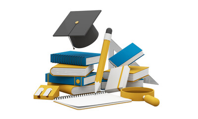  back to school concept and degree achievements from education. Minimal background for online education concept. Book with graduation hat on color pastel background. 3d rendering illustration.