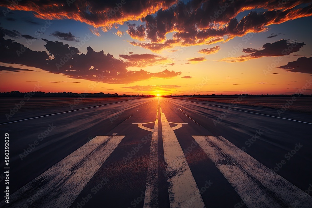 Poster Sunset over a tarmac road with clouds in the sky. Setting of a road. Generative AI