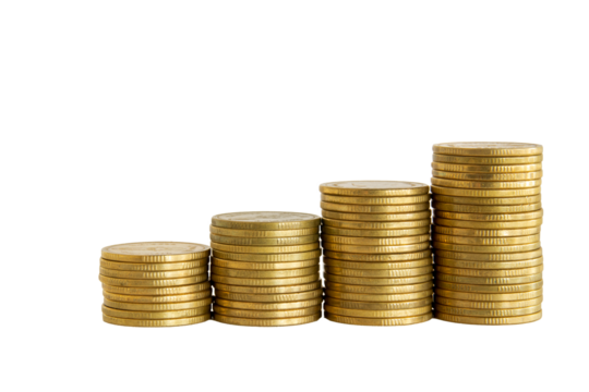 Stack of money or golden coins and transparent background