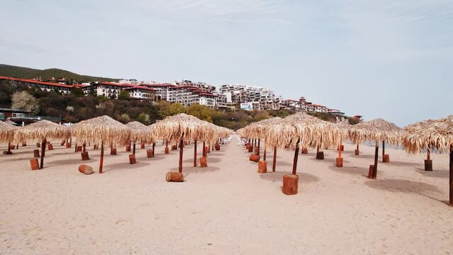 Luxury Resort Winds Picking Up Speed Beach Umbrellas Storm Drone Aerial Black Sea Off Season Bulgaria Tourism