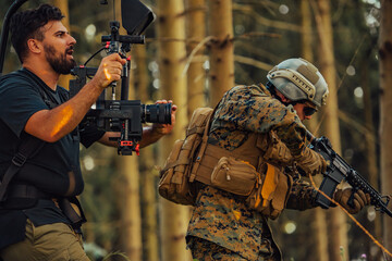 Fototapeta premium Videographer with Professional Movie Video Camera Gimbal Stabilizing Equipment Taking Action Shoot of Soldiers in Action in Forest