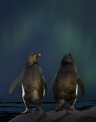 Rockhopper penguins watching aurora australis and stars in the sky on a romantic night