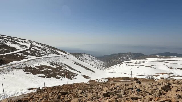 The summit of Mount Hermon is covered with snow in winter, in the area of the ski slopes