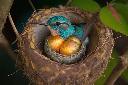 The nest of a hummingbird, holding two eggs, in Panama, Central America. Generative AI