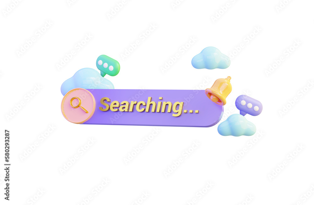 Poster search bar icon with notification bell message cloud on white background 3d render concept
