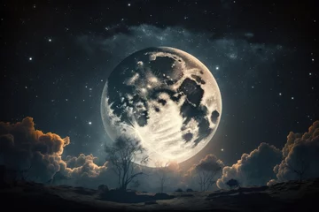 Abwaschbare Fototapete Vollmond und Bäume The night sky with a realistic moon. Generative AI