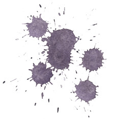 Isolated dark grey violet colored ink paint drops, spot and blot, hand drawn painted aquarelle watercolor texture. Mock up with copy space.