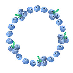 Hand drawn watercolor juicy blueberry with green leaves round frame. Border with copy space, empty mock up for text.
