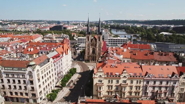 Prague Church St Antony of Padua Still Life Descend Land in Residential Quarter Aerieal Drone