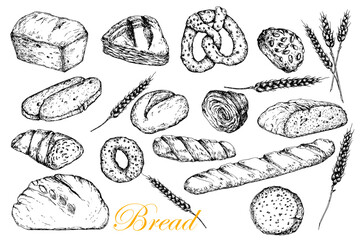 Bread Set. Whole and sliced. Cereal buns. Brenzel. Bag of flour. Bread ears.Vector hand drawn illustration in graphic style. Black and white sketch. Isolated on white .Design for packaging, labels 