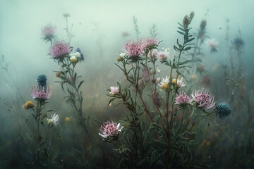 Fototapeta na wymiar meadow flowers on a foggy day, generative ai