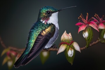 Hummingbird (Florisuga mellivora) with a white neck and beak in Panama. Generative AI