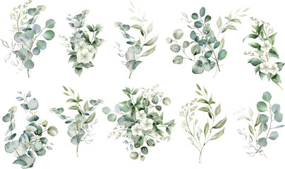 Watercolor eucalyptus bouquet set. Greenery branches and jasmine flowers clipart. Green foliage arrangement for wedding, stationery, invitations, cards. Illustration isolated on transparent background - obrazy, fototapety, plakaty