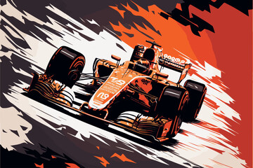 Formula one racer. Vector art of fast racing car. F1 driver competing at high speed. Isolated concept art of automobile race on circuit. Championship for the win. Grand winner in his vehicle poster.