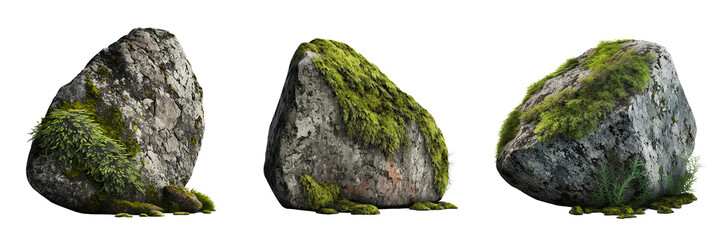 Beautiful natural round granite stone with moss, transparent background, can be used for natural garden yard decoration, generative ai.	