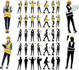 Female construction worker poses wearing helmet and vest. Different color options. Hand-drawn vector illustration isolated on white. Full length view	