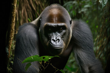 Obraz premium Illustration of a Congo lowland gorilla in the jungle. Wildlife in the African rainforest.