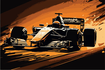Formula one racer. Vector art of fast racing car. F1 driver competing at high speed. Isolated concept art of automobile race on circuit. Championship for the win. Grand winner in his vehicle poster.