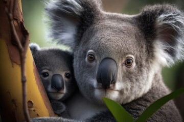 Obraz premium Mama koala with her young. Generative AI