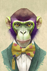 Squirrel Monkey wearing Bow ties, Psychedelic Illustration. Generative AI