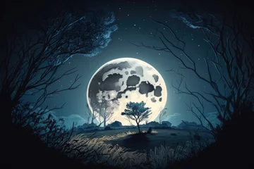 Printed kitchen splashbacks Full moon and trees Nighttime, with a dark blue sky and a full moon. Illustration Created in a Format. Generative AI