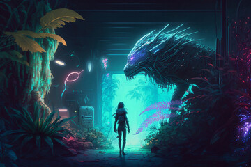 Futuristic Fantasy | A cybernetic jungle with neon plants and futuristic animals. vibrant colors and unusual creature. with a person walking toward the big creature Ai