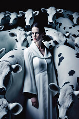 Cows and a woman in a cowhide coat. Generative AI.