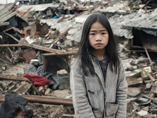 Asian girl is standing among the ruins of house. Generative AI
