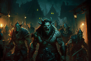 fantasy orcs | A band of orcs raiding a human village at night.  the chaos and destruction. The style is gritty and realistic, with a focus on the orcs' savage features and the destruction. Ai