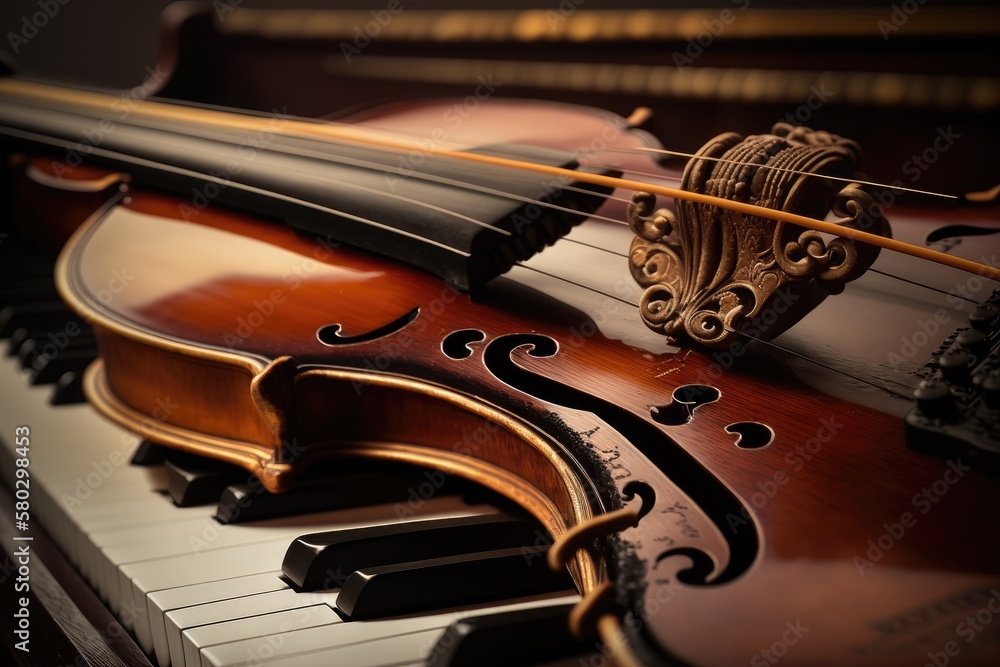 Poster close up of a violin resting on a piano keyboard. generative ai