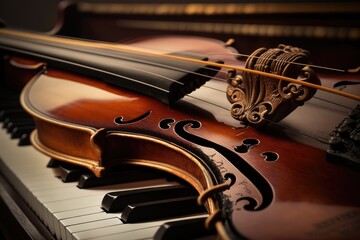 Fototapeta premium Close up of a violin resting on a piano keyboard. Generative AI