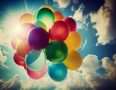 Colorful balloons fly in the sky, generative ai