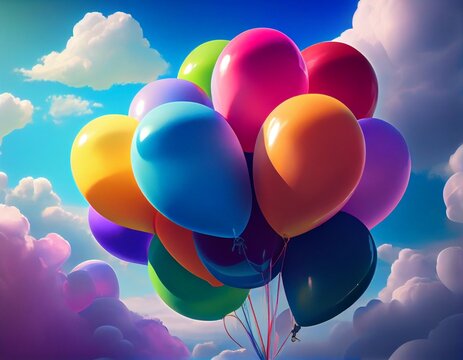 Colorful balloons fly in the sky, generative ai
