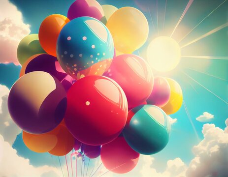 Colorful balloons fly in the sky, generative ai