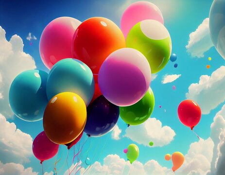 Colorful balloons fly in the sky, generative ai