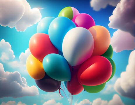 Colorful balloons fly in the sky, generative ai