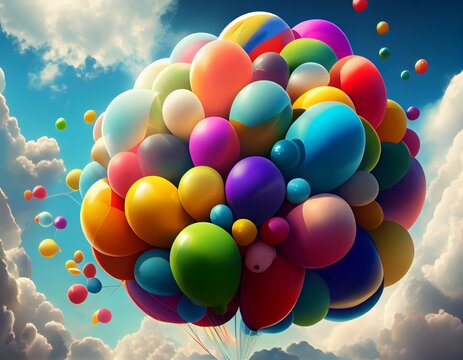 Colorful balloons fly in the sky, generative ai