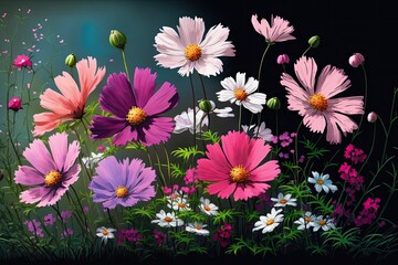 Fototapeta na wymiar Flower Garden with Cosmos Flowers. Generative AI