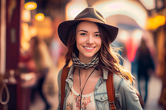 Close-up portrait of an attractive female traveler wearing hat and scarf on street. Made with Generative AI