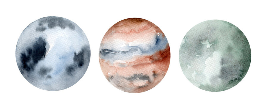 Hand painted watercolor planet. full moon. Magic design for printing on textiles, packaging, postcards, posters, covers. isolated on white background. Astronomy and astrology, planets.