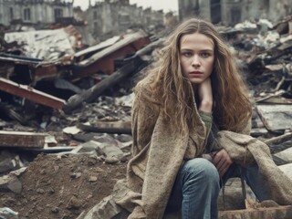 Young caucasian teenage girl in torn dirty clothes stand near ruins of house. Generative AI.