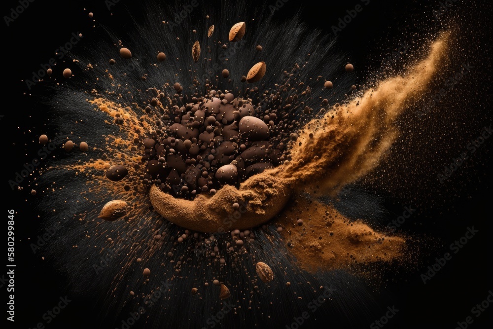 Poster coffee grounds and roasted beans exploding against a black background. generative ai