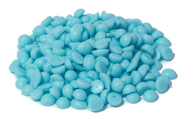 Blue aromatic granules for machine washing when rinsing clothes on a white isolated background