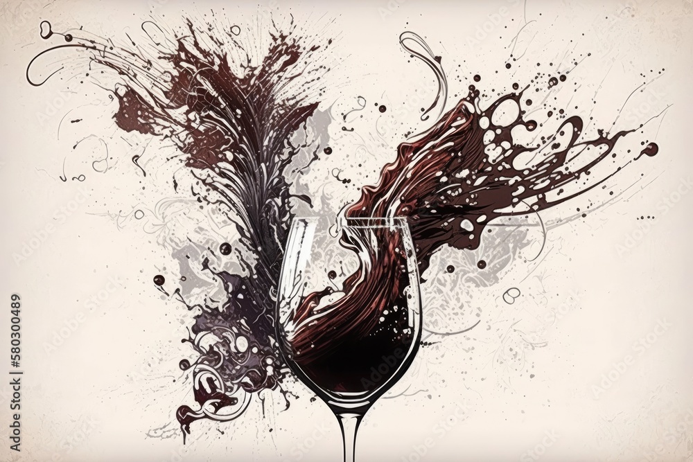 Wall mural design for wine list; splashing and moving wineglass. generative ai