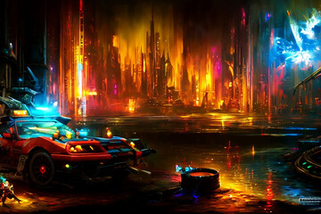 Colorful Cyberpunk Style City Skyline In The Night Sky Generative AI Art