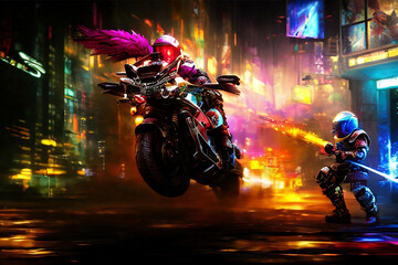 Digital Futuristic World Reality: Motorcycle On The Colorful Virtual Cyber City Streets Generative AI Art