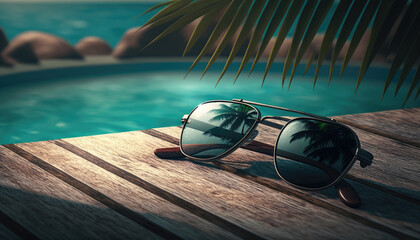 Fototapeta na wymiar Sunglasses lying on the edge of the pool against the background of the sea and palm trees with a reflection in them, holiday concept created with generative AI technology