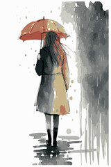 Sad woman with an umbrella walking under the rain. Vector art of cartoon poster. Watercolor painting of depressed woman. Hand drawn young lady heartbroken. Illustration of depression. Moody colors.