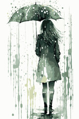 Sad woman with an umbrella walking under the rain. Vector art of cartoon poster. Watercolor painting of depressed woman. Hand drawn young lady heartbroken. Illustration of depression. Moody colors.