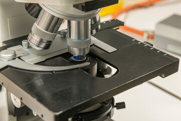 Detailed view of a microscope in a laboratory